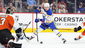 Mar 29, 2025; Philadelphia, Pennsylvania, USA; Buffalo Sabres right wing JJ Peterka (77) reacts as he attempts to shoot against the Philadelphia Flyers in the first period at Wells Fargo Center. Mandatory Credit: Kyle Ross-Imagn Images