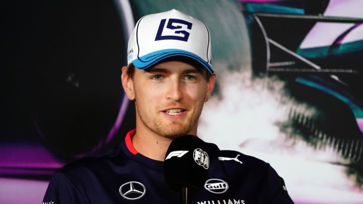 May 2, 2024; Miami Gardens, Florida, USA;  Williams driver Logan Sargeant (2) addresses the media in advance of the Miami Grand Prix at the Miami International Autodrome. Mandatory Credit: John David Mercer-USA TODAY Sports