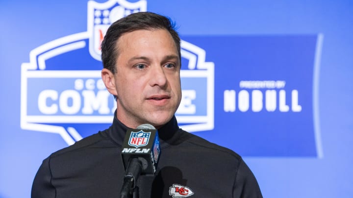 Feb 28, 2023; Indianapolis, IN, USA; Kansas City Chiefs general manager Brett Veach speaks to the press at the NFL Combine at Lucas Oil Stadium. Mandatory Credit: Trevor Ruszkowski-USA TODAY Sports