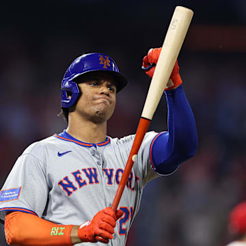 Sep 10, 2025; Philadelphia, Pennsylvania, USA; New York Mets outfielder Juan Soto (22) punches his bat after popping out to end the game in a loss against the Philadelphia Phillies at Citizens Bank Park. Mandatory Credit: Bill Streicher-Imagn Images