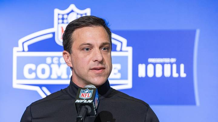 Feb 28, 2023; Indianapolis, IN, USA; Kansas City Chiefs general manager Brett Veach speaks to the press at the NFL Combine at Lucas Oil Stadium. Mandatory Credit: Trevor Ruszkowski-Imagn Images