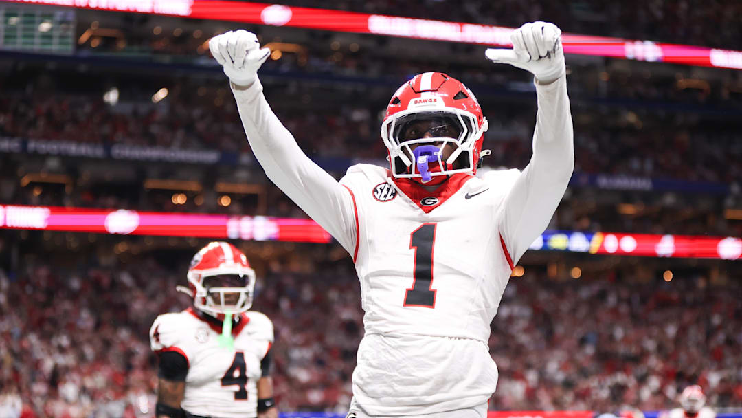 Dec 6, 2025; Atlanta, GA, USA; Georgia Bulldogs defensive back Ellis Robinson IV (1) celebrates after an incomplete pass in the end zone during the fourth quarter against the Alabama Crimson Tide during the 2025 SEC Championship game at Mercedes-Benz Stadium. Mandatory Credit: Brett Davis-Imagn Images