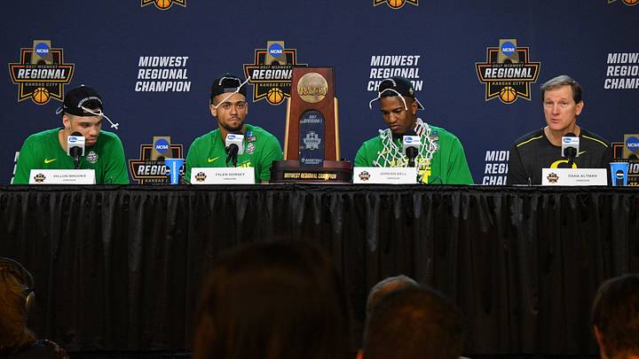 Mar 25, 2017; Kansas City, MO, USA; Oregon Ducks forward Dillon Brooks (24), guard Tyler Dorsey (5), forward Jordan Bell (1), and head coach Dana Altman speak at a press conference after the game against the Kansas Jayhawks in the finals of the Midwest Regional of the 2017 NCAA Tournament at Sprint Center. Oregon defeated Kansas 74-60. Mandatory Credit: Denny Medley-USA TODAY Sports