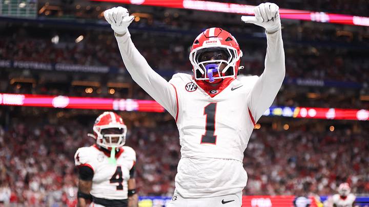 Dec 6, 2025; Atlanta, GA, USA; Georgia Bulldogs defensive back Ellis Robinson IV (1) celebrates after an incomplete pass in the end zone during the fourth quarter against the Alabama Crimson Tide during the 2025 SEC Championship game at Mercedes-Benz Stadium. Mandatory Credit: Brett Davis-Imagn Images