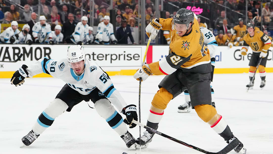 Brett Howden and Sean Durzi battle for the puck