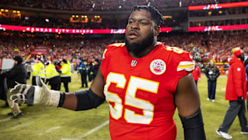 Jan 26, 2025; Kansas City, MO, USA; Kansas City Chiefs guard Trey Smith (65) against the Buffalo Bills in the AFC Championship game at GEHA Field at Arrowhead Stadium. Mandatory Credit: Mark J. Rebilas-Imagn Images