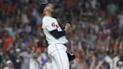 Sep 16, 2025; Houston, Texas, USA; Houston Astros relief pitcher Bryan Abreu (52) reacts after the final out during the ninth inning against the Texas Rangers at Daikin Park.