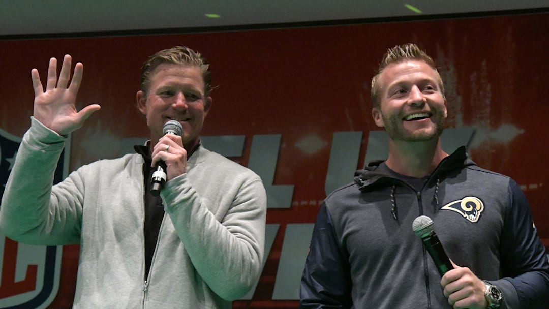 Oct 21, 2017; London, United Kingdom; Los Angeles Rams general manager Les Snead (left) and coach Sean McVay on stage during NFL UK Live at The Mermaid London. Mandatory Credit: Kirby Lee-Imagn Images