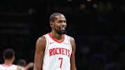 Nov 1, 2025; Boston, Massachusetts, USA; Houston Rockets forward Kevin Durant (7) looks on during the second half against the Boston Celtics at TD Garden. Mandatory Credit: Paul Rutherford-Imagn Images