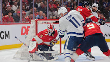 May 9, 2025; Sunrise, Florida, USA; Florida Panthers goaltender Sergei Bobrovsky (72) makes a save against Toronto Maple Leafs center Max Domi (11) during the third period in game three of the second round of the 2025 Stanley Cup Playoffs at Amerant Bank Arena. Mandatory Credit: Sam Navarro-Imagn Images