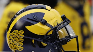 Apr 1, 2023; Ann Arbor, MI, USA;   Michigan Wolverines helmet on the sideline during the Spring Game at Michigan Stadium. Mandatory Credit: Rick Osentoski-Imagn Images