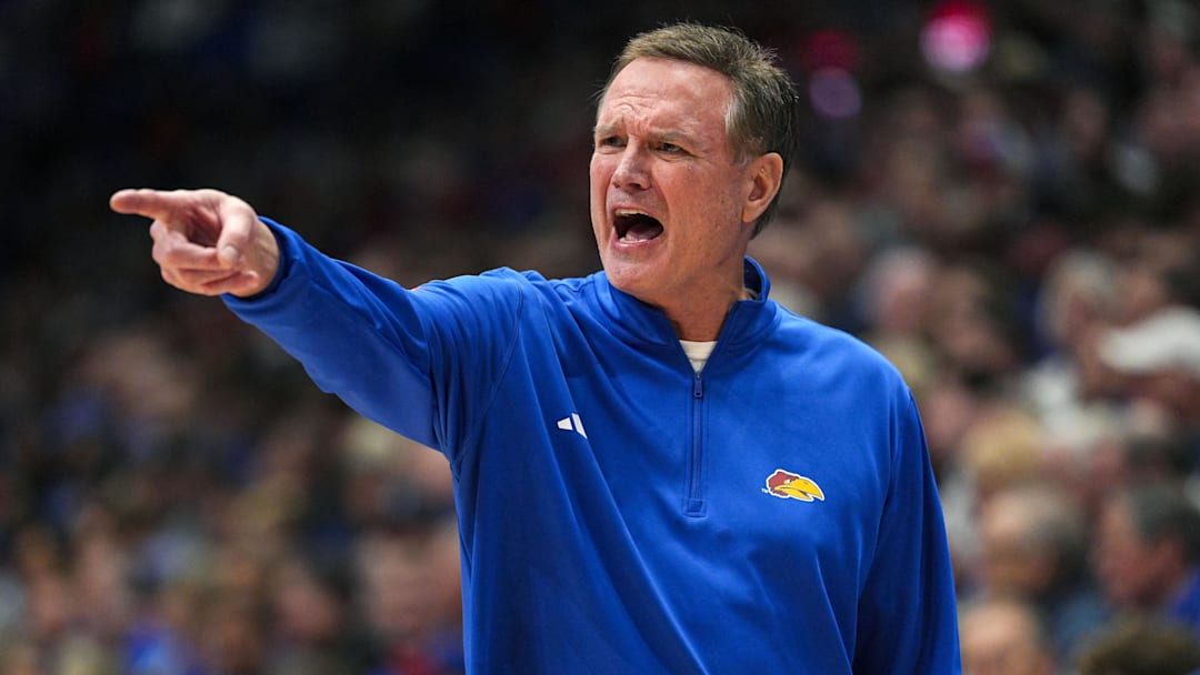 Feb 7, 2026; Lawrence, Kansas, USA; Kansas Jayhawks head coach Bill Self reacts during the second half against the Kansas Jayhawks at Allen Fieldhouse. Mandatory Credit: Jay Biggerstaff-Imagn Images