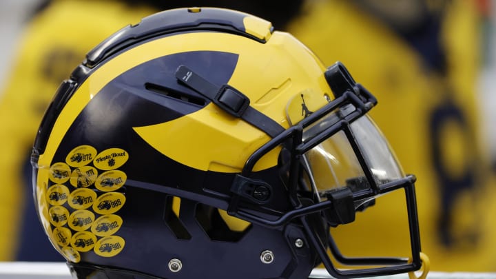 Apr 1, 2023; Ann Arbor, MI, USA;   Michigan Wolverines helmet on the sideline during the Spring Game at Michigan Stadium. Mandatory Credit: Rick Osentoski-USA TODAY Sports