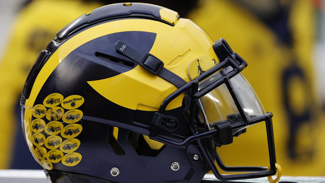 Apr 1, 2023; Ann Arbor, MI, USA;   Michigan Wolverines helmet on the sideline during the Spring Game at Michigan Stadium.