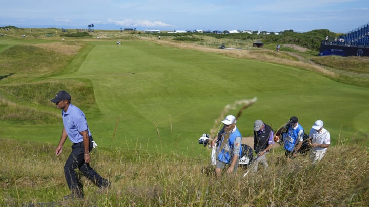 Jul 15, 2024; Ayrshire, SCT; Tiger Woods during a practice round with Justin Thomas and Max Homa at the Open Championship golf tournament at Royal Troon on Monday, July 15, 2024. Mandatory Credit: Jack Gruber-USA TODAY Sports