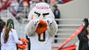 Nov 22, 2025; Blacksburg, Virginia, USA;  Sebastian the Miami (FL) Hurricanes mascott during the third quarter against the Virginia Tech Hokies at Lane Stadium. Mandatory Credit: Brian Bishop-Imagn Images