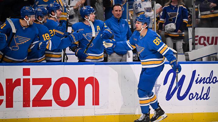 Apr 14, 2026; St. Louis, Missouri, USA; St. Louis Blues left wing Pavel Buchnevich (89) celebrates with teammates after scoring a goal during the third period against the Pittsburgh Penguins at Enterprise Center. Mandatory Credit: Connor Hamilton-Imagn Images