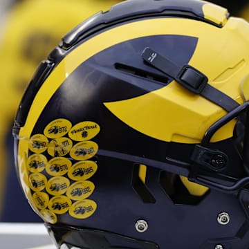 Apr 1, 2023; Ann Arbor, MI, USA;   Michigan Wolverines helmet on the sideline during the Spring Game at Michigan Stadium.