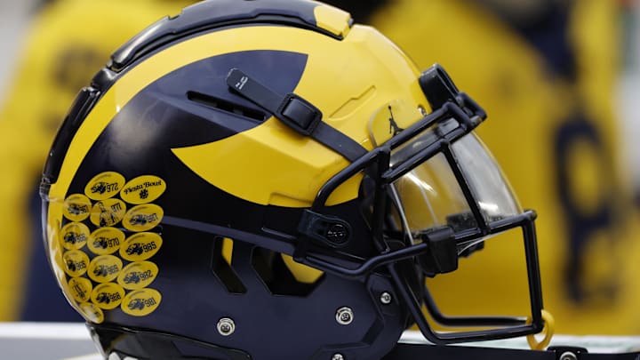 Apr 1, 2023; Ann Arbor, MI, USA;   Michigan Wolverines helmet on the sideline during the Spring Game at Michigan Stadium.