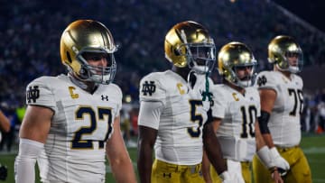 Sep 30, 2023; Durham, North Carolina, USA; Notre Dame Fighting Irish offensive tackle Joe Alt in a game with his colleagues.