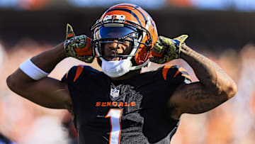 Nov 3, 2024; Cincinnati, Ohio, USA; Cincinnati Bengals wide receiver Ja'Marr Chase (1) reacts after a play against the Las Vegas Raiders in the first half at Paycor Stadium. Mandatory Credit: Katie Stratman-Imagn Images