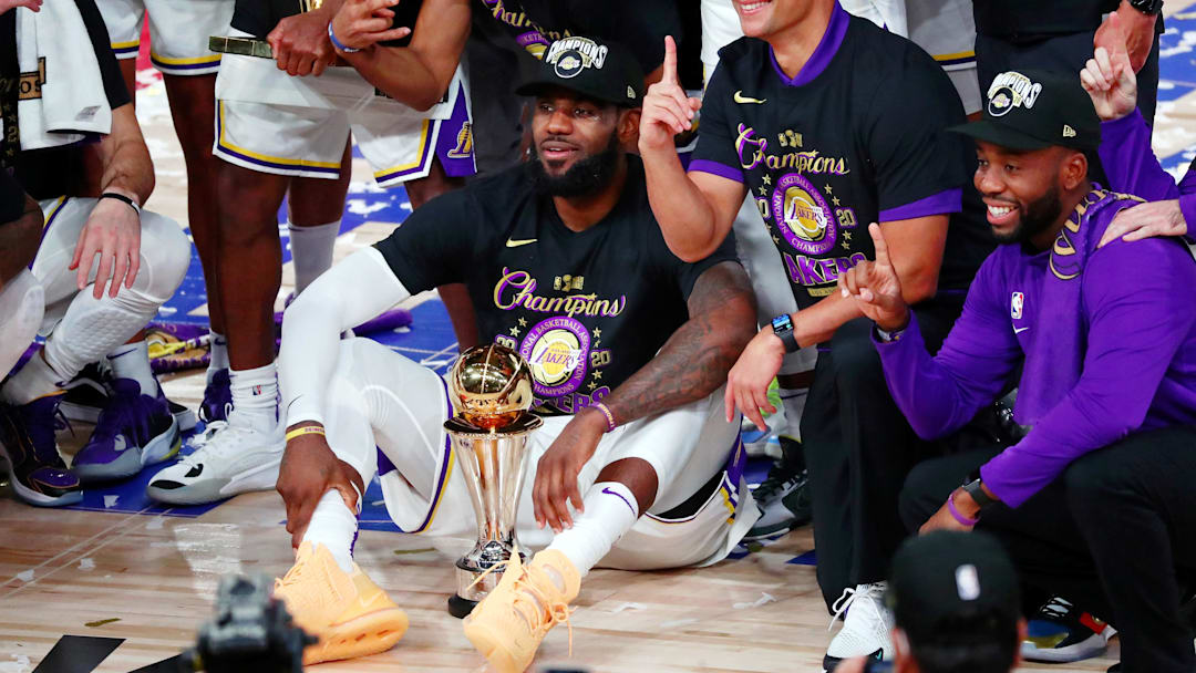 Oct 11, 2020; Lake Buena Vista, Florida, USA; The Los Angeles Lakers pose for a photo after game six of the 2020 NBA Finals at AdventHealth Arena. The Los Angeles Lakers won 106-93 to win the series. Mandatory Credit: Kim Klement-Imagn Images