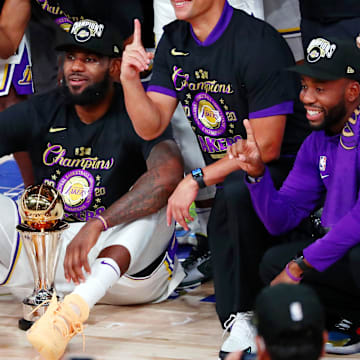 Oct 11, 2020; Lake Buena Vista, Florida, USA; The Los Angeles Lakers pose for a photo after game six of the 2020 NBA Finals at AdventHealth Arena. The Los Angeles Lakers won 106-93 to win the series. Mandatory Credit: Kim Klement-Imagn Images