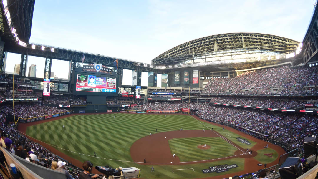 Nov 1, 2023; Phoenix, AZ, USA; General view of the stadium in the first inning of the game between the Arizona Diamondbacks and the Texas Rangers in game five of the 2023 World Series at Chase Field. Mandatory Credit: Matt Kartozian-USA TODAY Sports