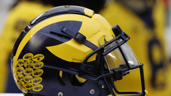 Apr 1, 2023; Ann Arbor, MI, USA;   Michigan Wolverines helmet on the sideline during the Spring Game at Michigan Stadium. Mandatory Credit: Rick Osentoski-USA TODAY Sports