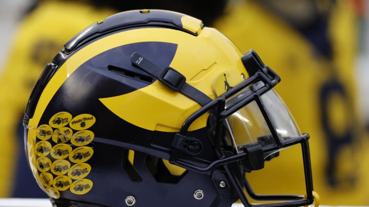 Apr 1, 2023; Ann Arbor, MI, USA;   Michigan Wolverines helmet on the sideline during the Spring Game at Michigan Stadium. Mandatory Credit: Rick Osentoski-USA TODAY Sports