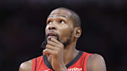 Oct 24, 2025; Houston, Texas, USA; Houston Rockets forward Kevin Durant (7) looks up during the third quarter against the Detroit Pistons at Toyota Center. Mandatory Credit: Troy Taormina-Imagn Images