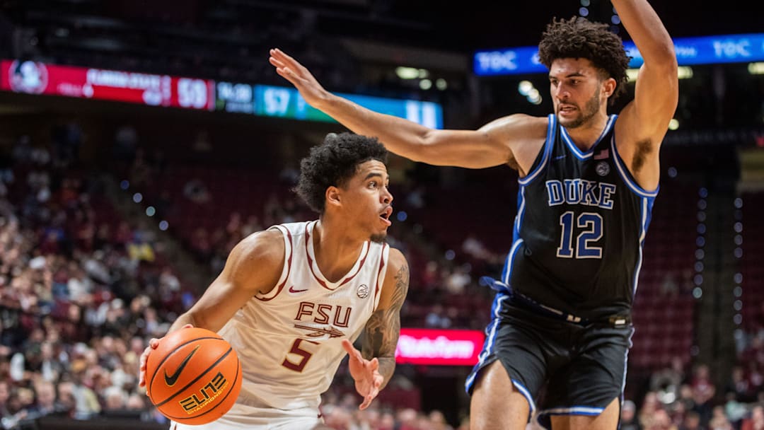 Florida State Seminoles guard Kobe Magee (5) makes his way towards the hoop. The Duke Blue Devils defeated the Florida State Seminoles 91-87 at the Tucker Civic Center on Saturday, Jan. 3, 2026.
