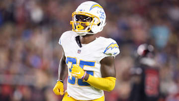 Oct 21, 2024; Glendale, Arizona, USA; Los Angeles Chargers cornerback Dicaprio Bootle (35) against the Arizona Cardinals at State Farm Stadium. Mandatory Credit: Mark J. Rebilas-Imagn Images