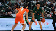 Feb 11, 2025; Coral Gables, Florida, USA; Miami Hurricanes guard Jalil Bethea (3) dribbles the basketball as Syracuse Orange guard Jaquan Carlos (5) defends during the second half at Watsco Center. Mandatory Credit: Sam Navarro-Imagn Images