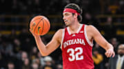 Indiana Hoosiers guard Trey Galloway (32) controls the ball against the Iowa Hawkeyes during the first half at Carver-Hawkeye Arena.