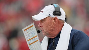 Oct 25, 2025; Fayetteville, Arkansas, USA; Auburn Tigers head coach Hugh Freeze during the fourth quarter against the Arkansas Razorbacks at Donald W. Reynolds Razorback Stadium. Mandatory Credit: Nelson Chenault-Imagn Images