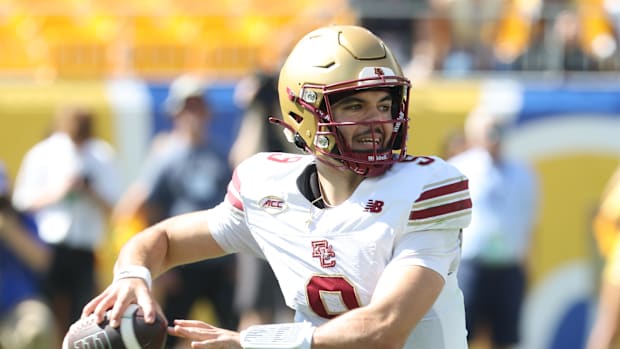 Boston College Eagles quarterback Dylan Lonergan (9) passes against the Pittsburgh Panthers 