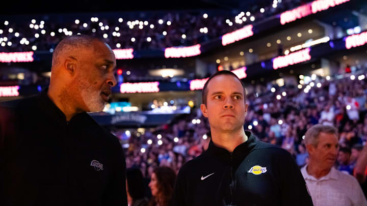Feb 25, 2024; Phoenix, Arizona, USA; Los Angeles Lakers assistant coach Phil Handy (left) and Jordan Ott against the Phoenix Suns at Footprint Center. Mandatory Credit: Mark J. Rebilas-USA TODAY Sports