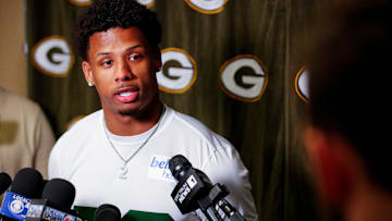 Green Bay Packers wide receiver Matthew Golden is interviewed by the media during rookie minicamp on Friday, May 2, 2025, at Lambeau Field in Green Bay, Wisconsin. The Packers selected Golden with their first-round pick in the 2025 NFL Draft.