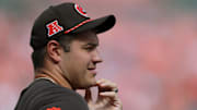 Cleveland Browns offensive tackle Jack Conklin watches the team warm up before a game Sept. 22, 2024, in Cleveland, Ohio.