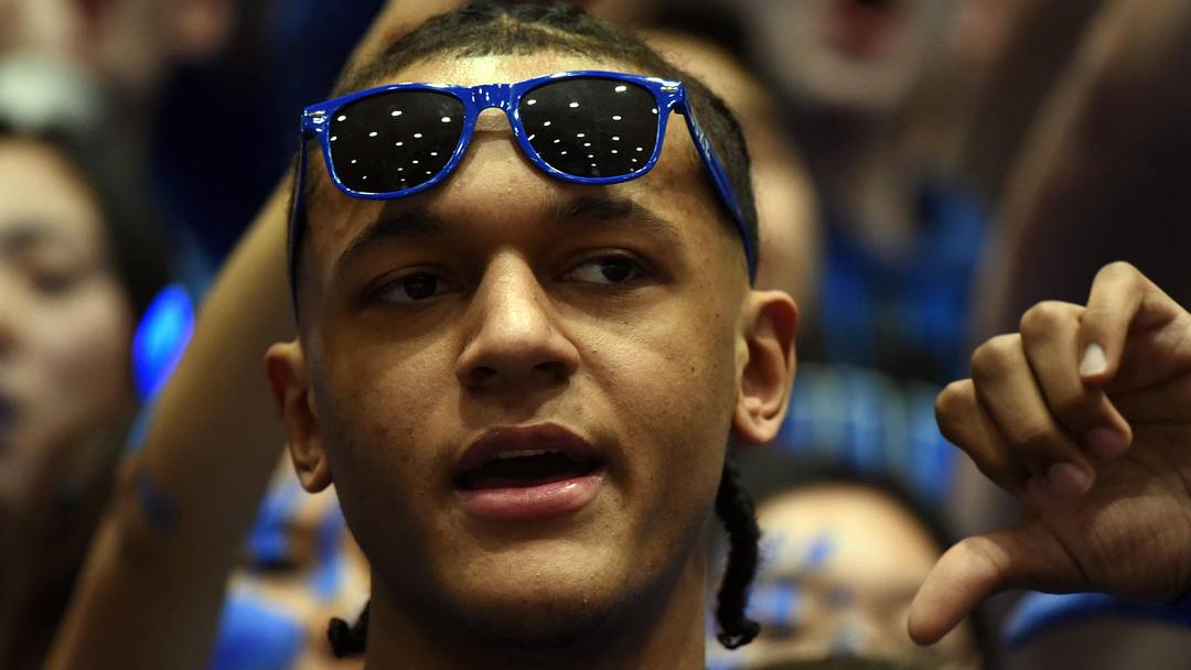 Feb 4, 2023; Durham, North Carolina, USA; Former Duke Blue Devils forward Paolo Banchero reacts to the North Carolina Tar Heels taking the floor prior to a game at Cameron Indoor Stadium. Mandatory Credit: Rob Kinnan-Imagn Images