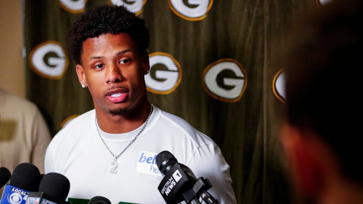 Green Bay Packers wide receiver Matthew Golden is interviewed by the media during rookie minicamp on Friday, May 2, 2025, at Lambeau Field in Green Bay, Wisconsin. The Packers selected Golden with their first round pick in the 2025 NFL Draft.