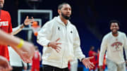 Louisville Cardinals' director of player development Peyton Siva fires up the team during practice before the first round of the 2025 NCAA men's basketball tournament In Lexington, Kentucky Wednesday, March 19, 2025.