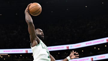 Oct 12, 2024; Boston, Massachusetts, USA; Boston Celtics guard Jaylen Brown (7) drives to the basket against the Philadelphia 76ers during the second half at the TD Garden. Mandatory Credit: Brian Fluharty-Imagn Images