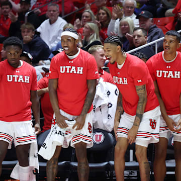 The Utah Utes bench reacts to a shot against the San Jose State Spartans during the second half at Jon M. Huntsman Center.