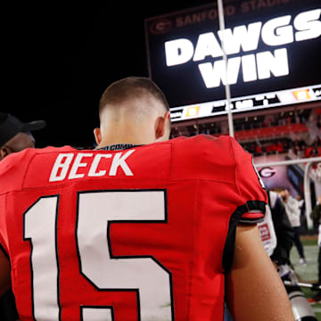 Georgia quarterback Carson Beck (15) heads to the locker room after a NCAA college football game against Kentucky in Athens, Ga., on Saturday, Oct. 7, 2023. Georgia won 51-13.