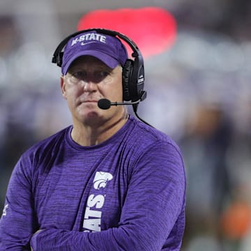 Kansas State Wildcats head coach Chris Klieman looks on during the fourth quarter of the game against Arizona at Bill Snyder Family Stadium on Friday, September 13, 2024.