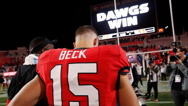 Georgia quarterback Carson Beck (15) heads to the locker room after a NCAA college football game against Kentucky in Athens, Ga., on Saturday, Oct. 7, 2023. Georgia won 51-13.