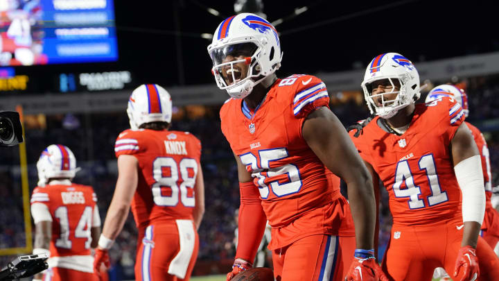 Oct 15, 2023; Orchard Park, NY; Buffalo Bills tight end Quintin Morris (85) reacts to scoring a touchdown against the New York Giants during the second half at Highmark Stadium. 