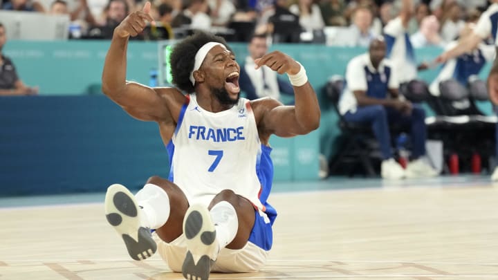 Aug 8, 2024; Paris, France; France power forward Guerschon Yabusele (7) celebrates during the second half against Germany in a men's basketball semifinal game during the Paris 2024 Olympic Summer Games at Accor Arena. Mandatory Credit: Kyle Terada-USA TODAY Sports